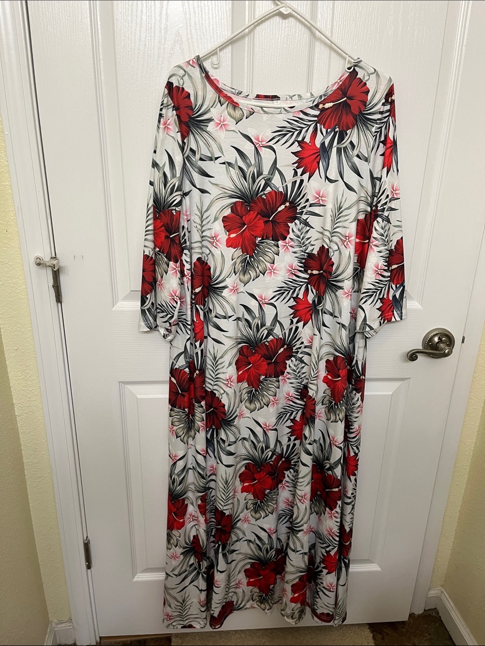 Women's White Floral Maxi Dress with Red Hibiscus Print